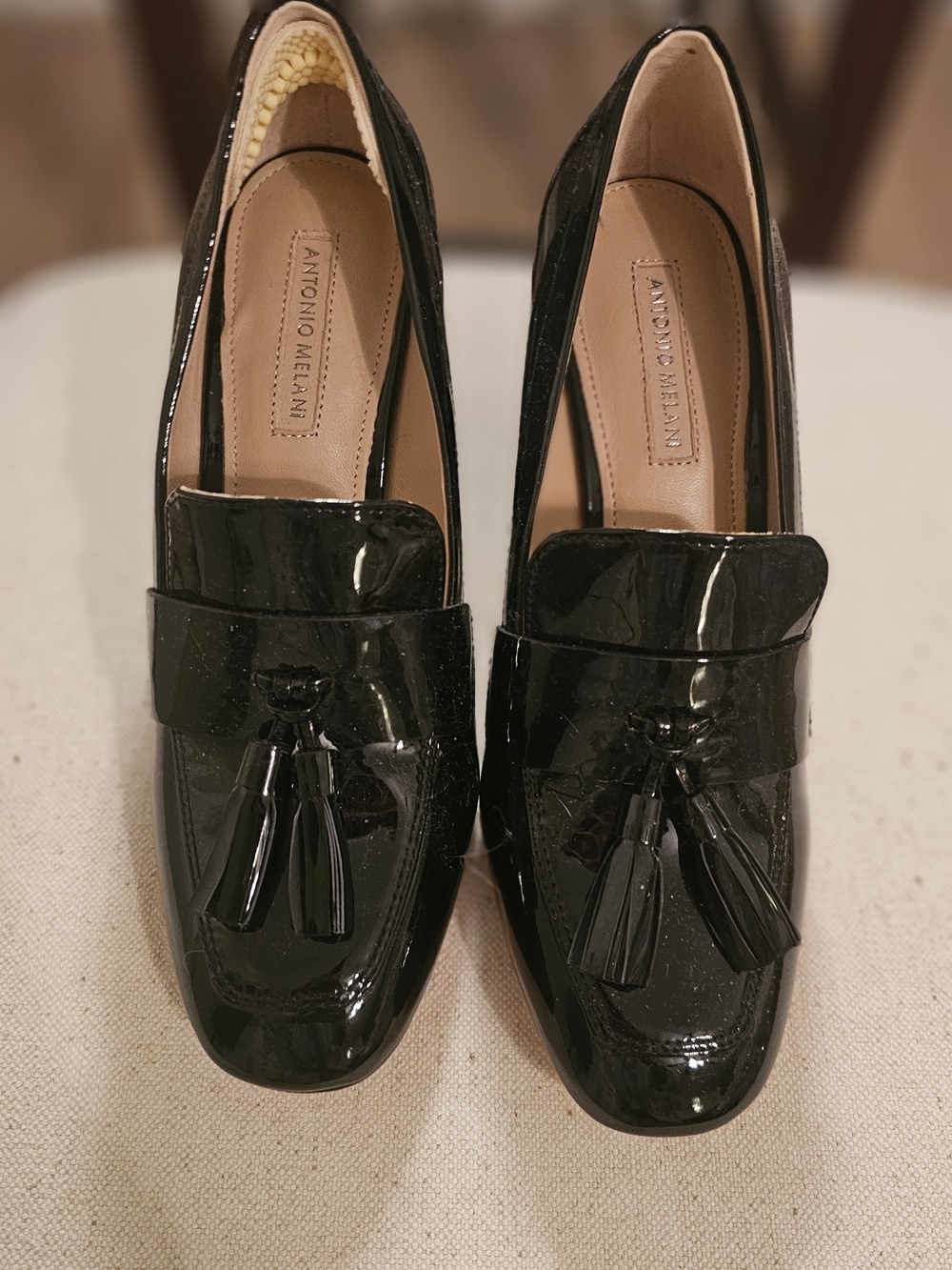 ANTONIO MELANI Black Patent Block Heel Loafer Pump Size 7M